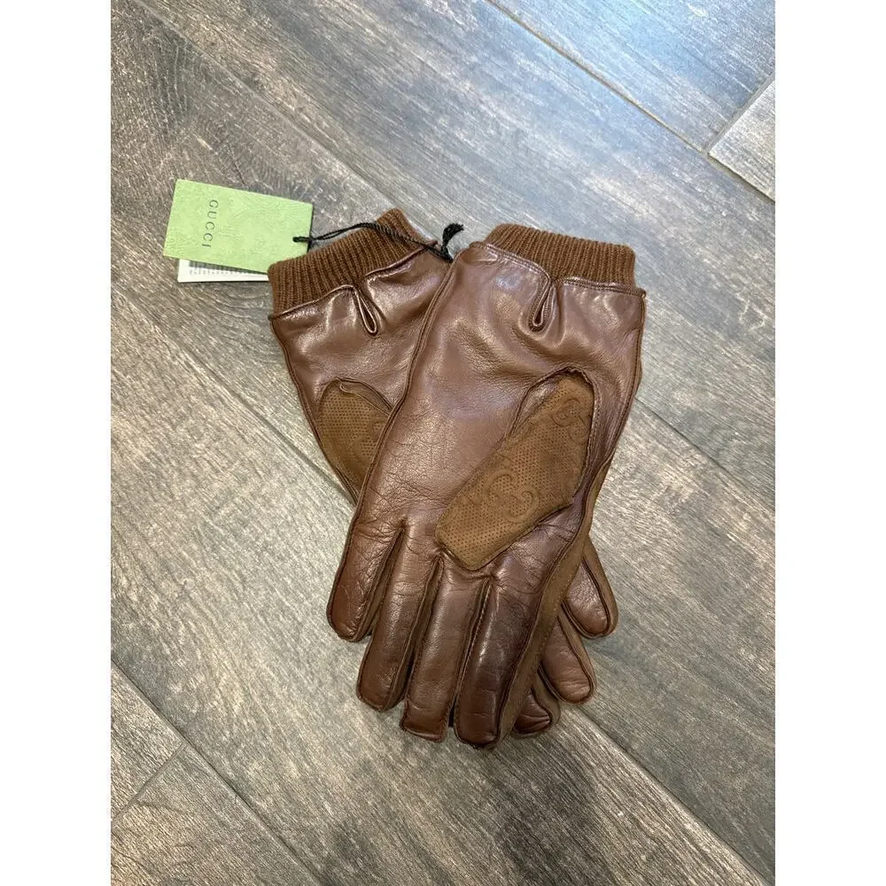 Gucci Men’s large Brown Suede Embossed Monogram GG Gloves NWT